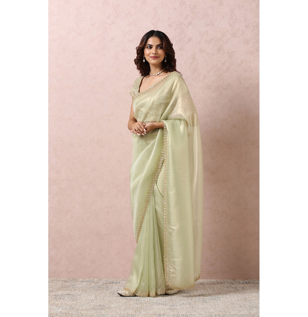 Mohey Women Pista Green Organza Saree With Stone Border
