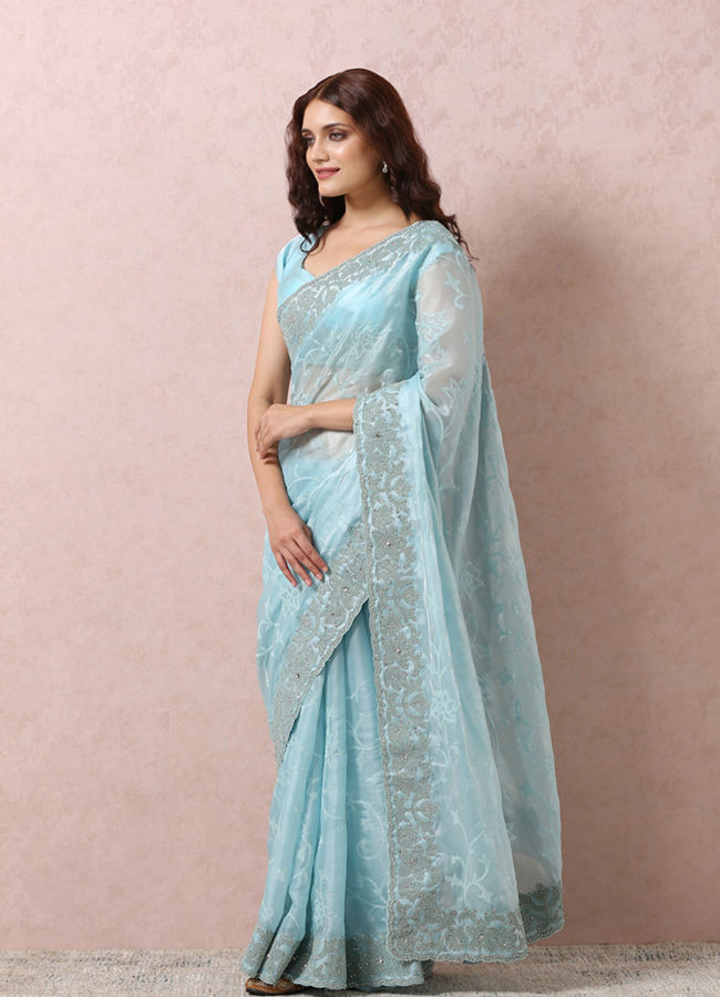 Light Blue Organza Saree With Mirror Border image number 3