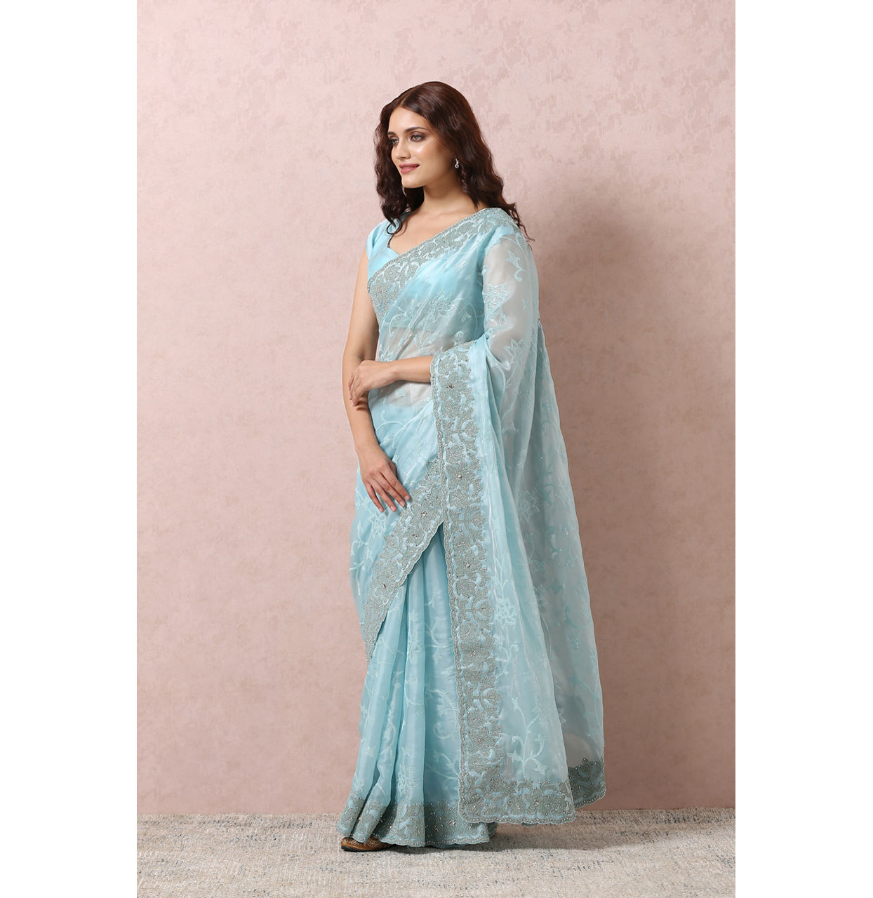 Light Blue Organza Saree With Mirror Border image number 3