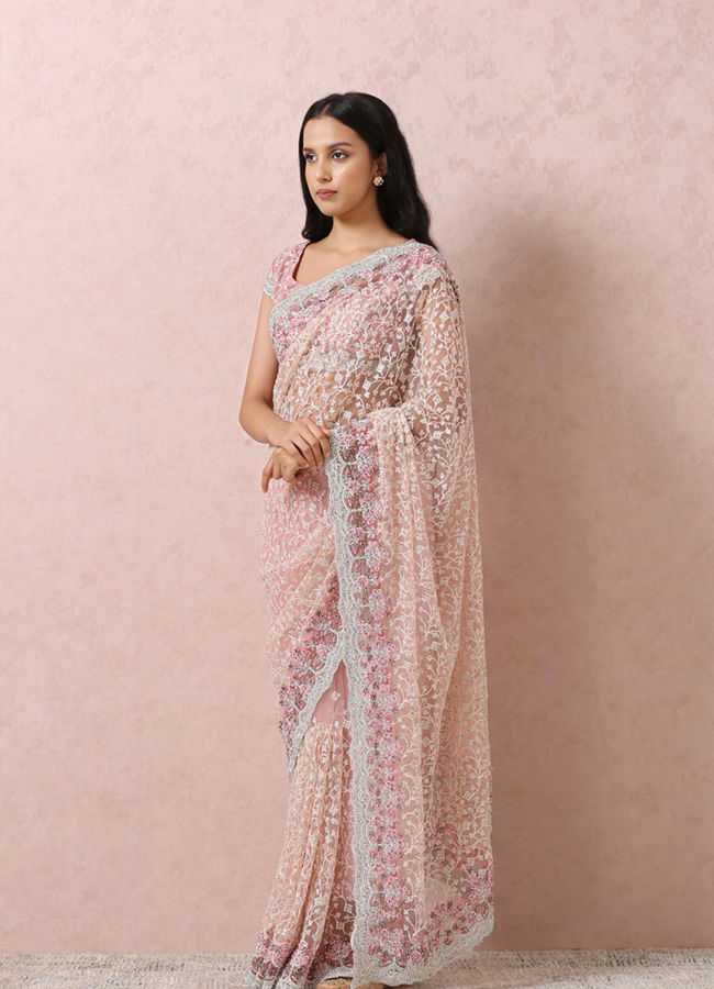 Mohey Women Light Pink Net Saree With Embroidery