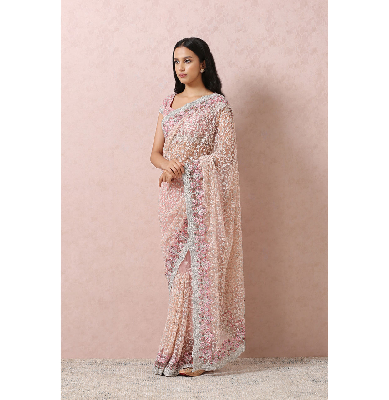 Light Pink Net Saree With Embroidery image number 3