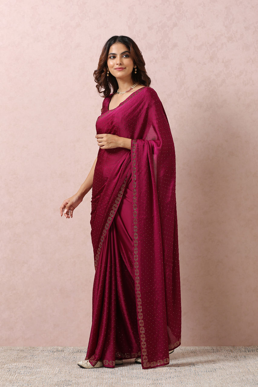 Mohey Women Wine Stone Embellished Satin Saree