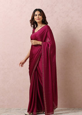 alt message - Mohey Women Wine Stone-Embellished Satin Saree image number 3