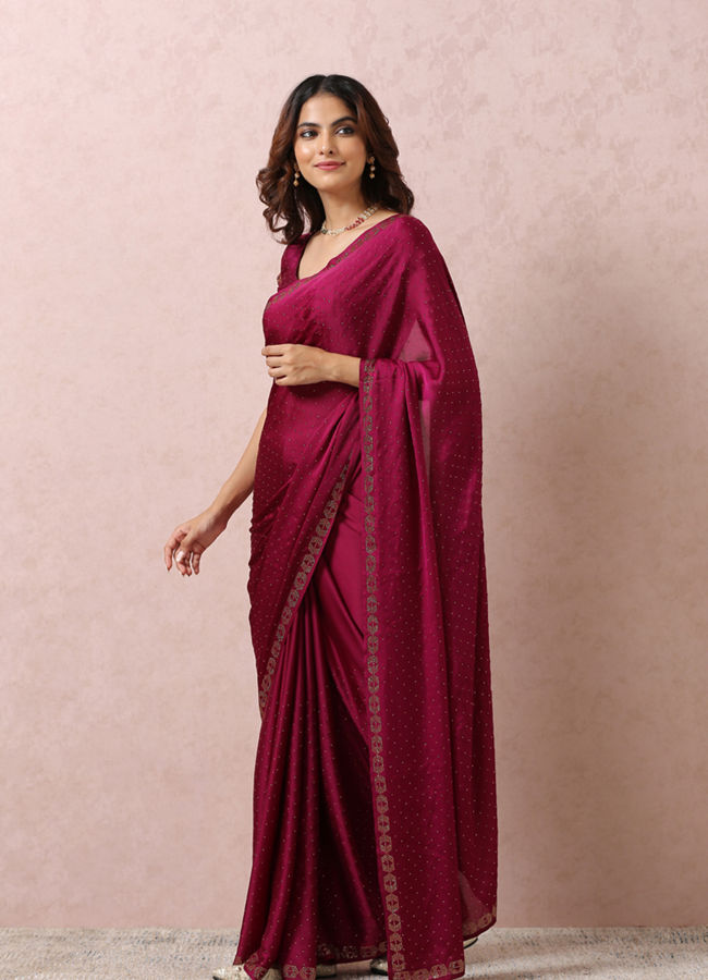 Mohey Women Wine Stone Embellished Satin Saree