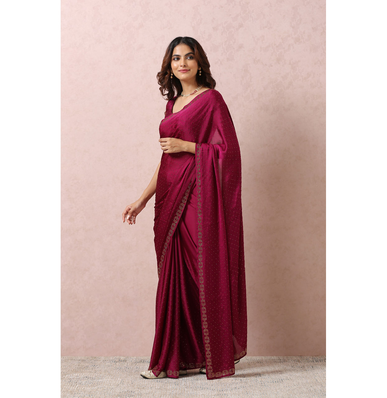 Mohey Women Wine Stone Embellished Satin Saree