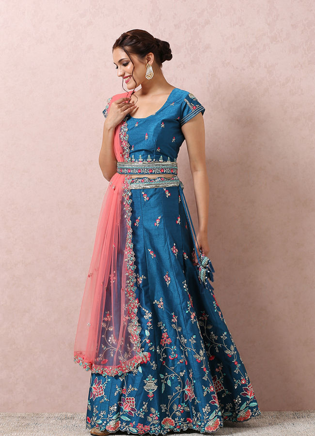 Mohey Women Teal Blue Embroidered Lehenga