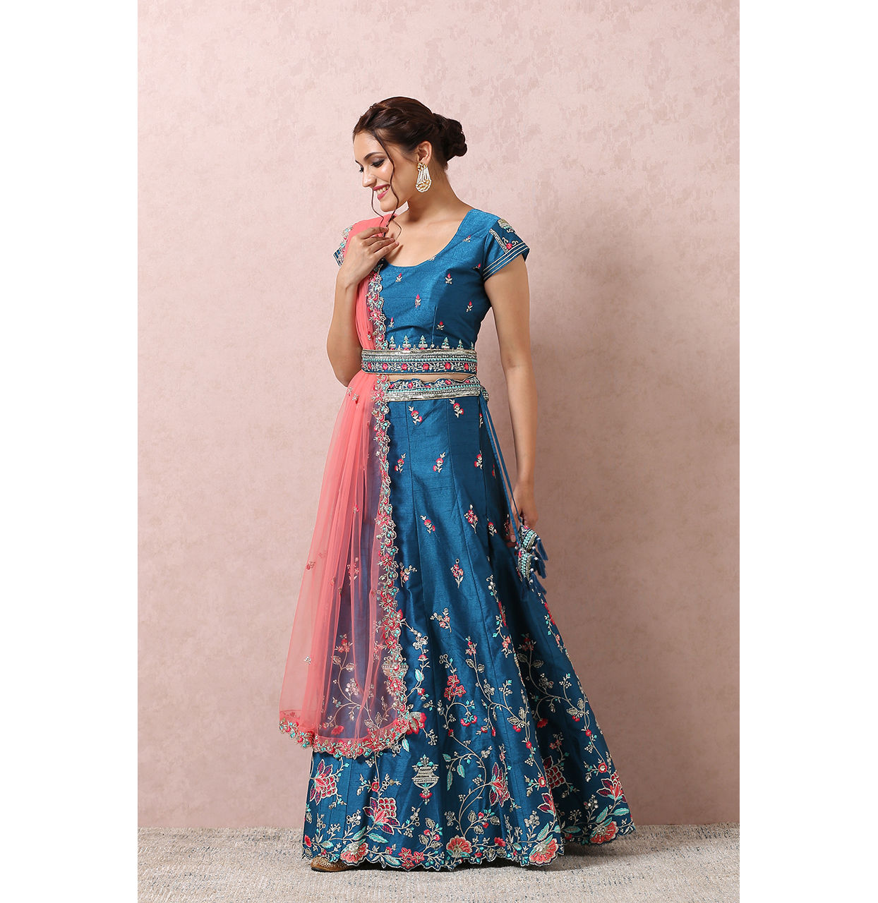 Mohey Women Teal Blue Embroidered Lehenga