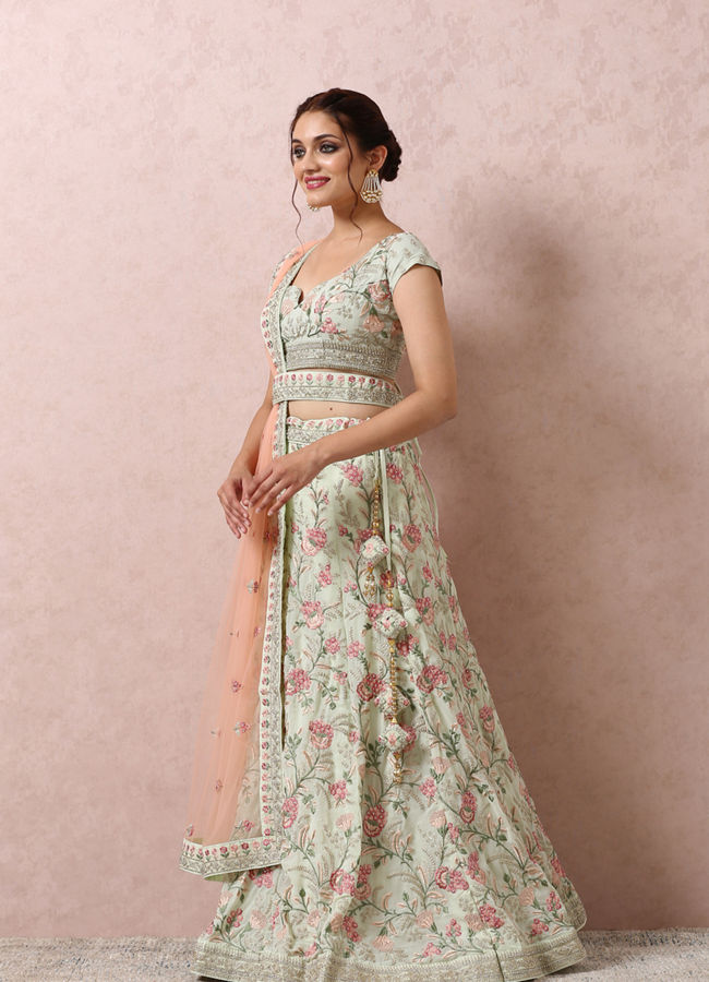 alt message - Mohey Women Pista Green Bridal Floral Lehenga image number 2