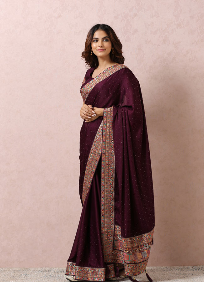 Mohey Women Wine Satin Saree With Multicoloured Border