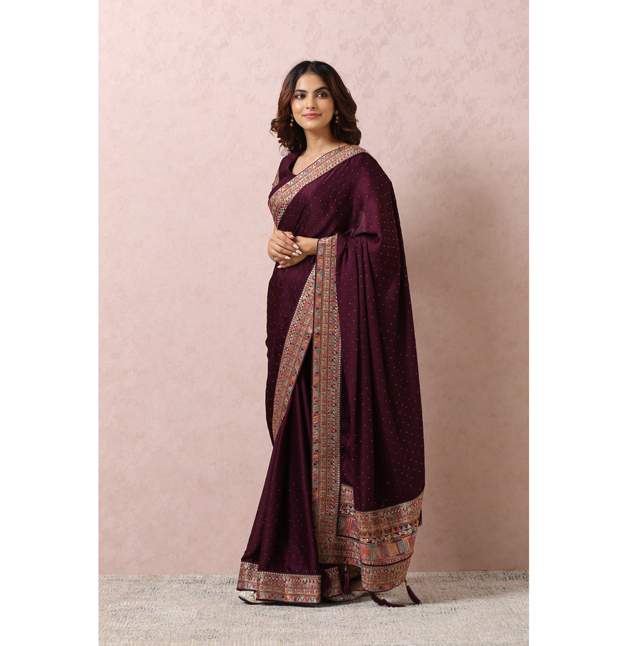 Wine Satin Saree With Multicoloured Border image number 3