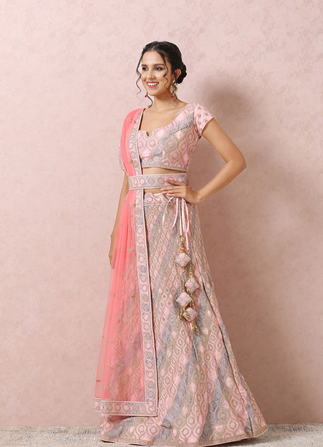 alt message - Mohey Women Light Pink Embellished Lehenga image number 2