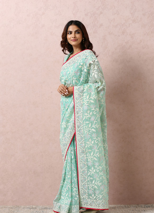 Mohey Women Sea Green Embroidered Saree