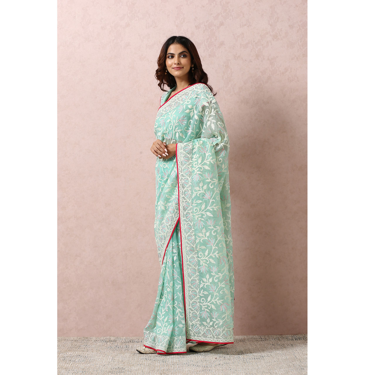 Mohey Women Sea Green Embroidered Saree image number 3