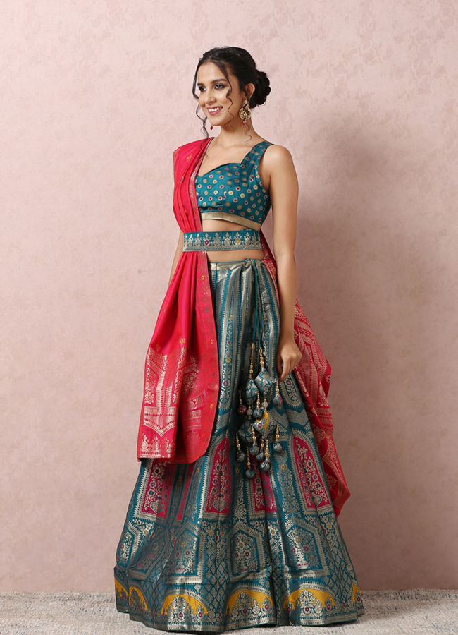 Mohey Women Rama Green Printed Benarasi Lehenga