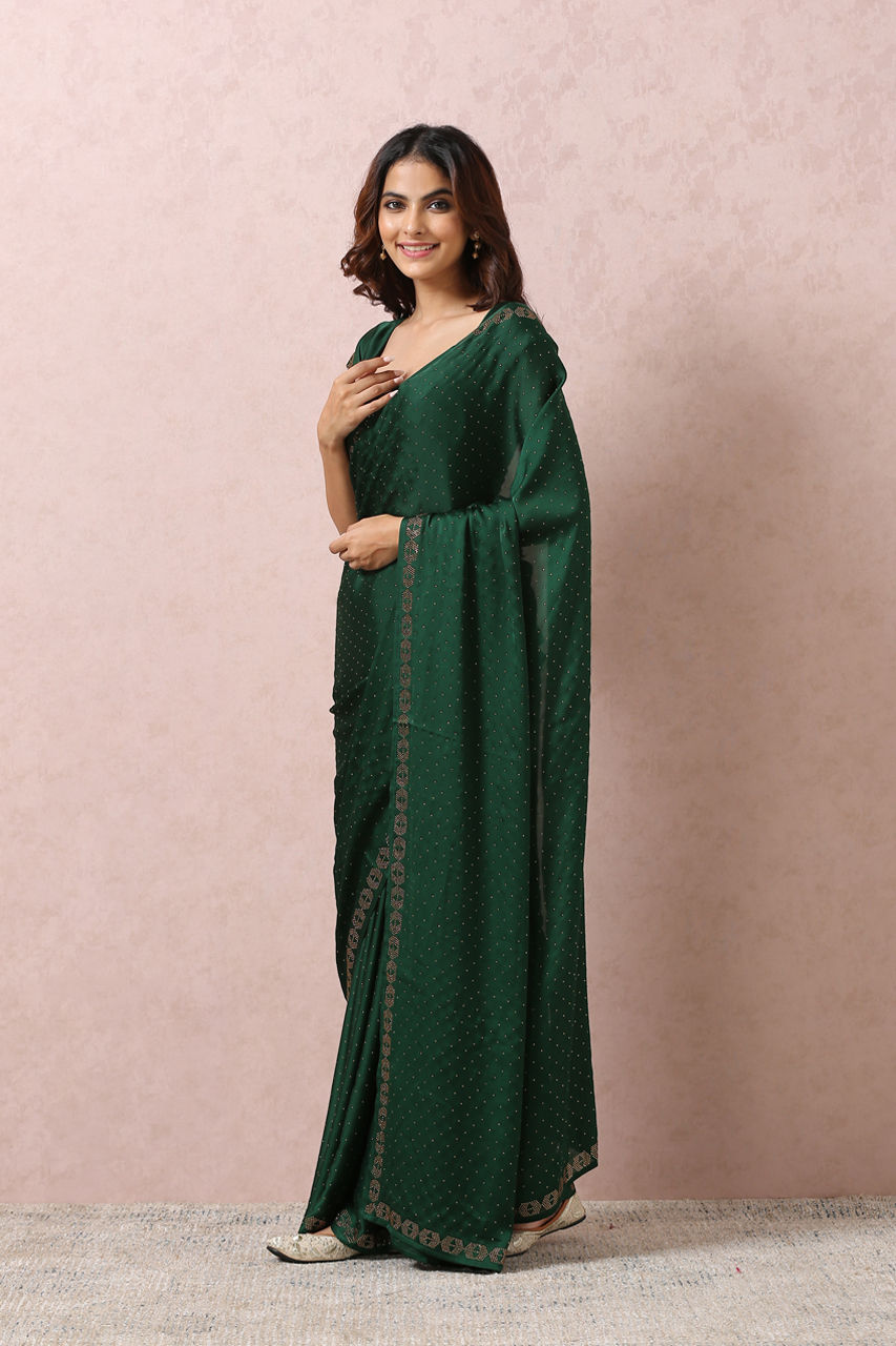 Mohey Women Bottle Green Satin Saree With Stone Embellishment