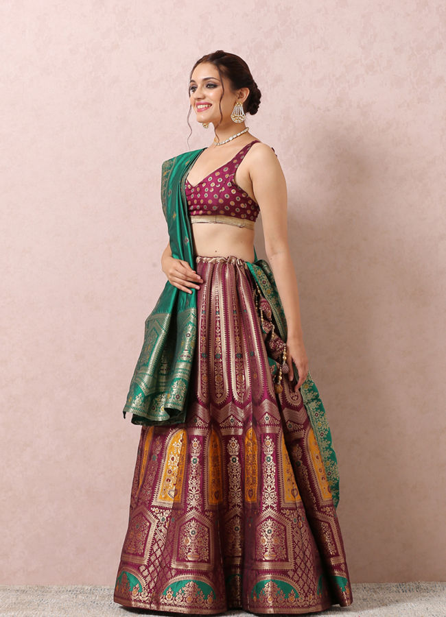 Mohey Women Wine Zari Weaved Benarasi Lehenga