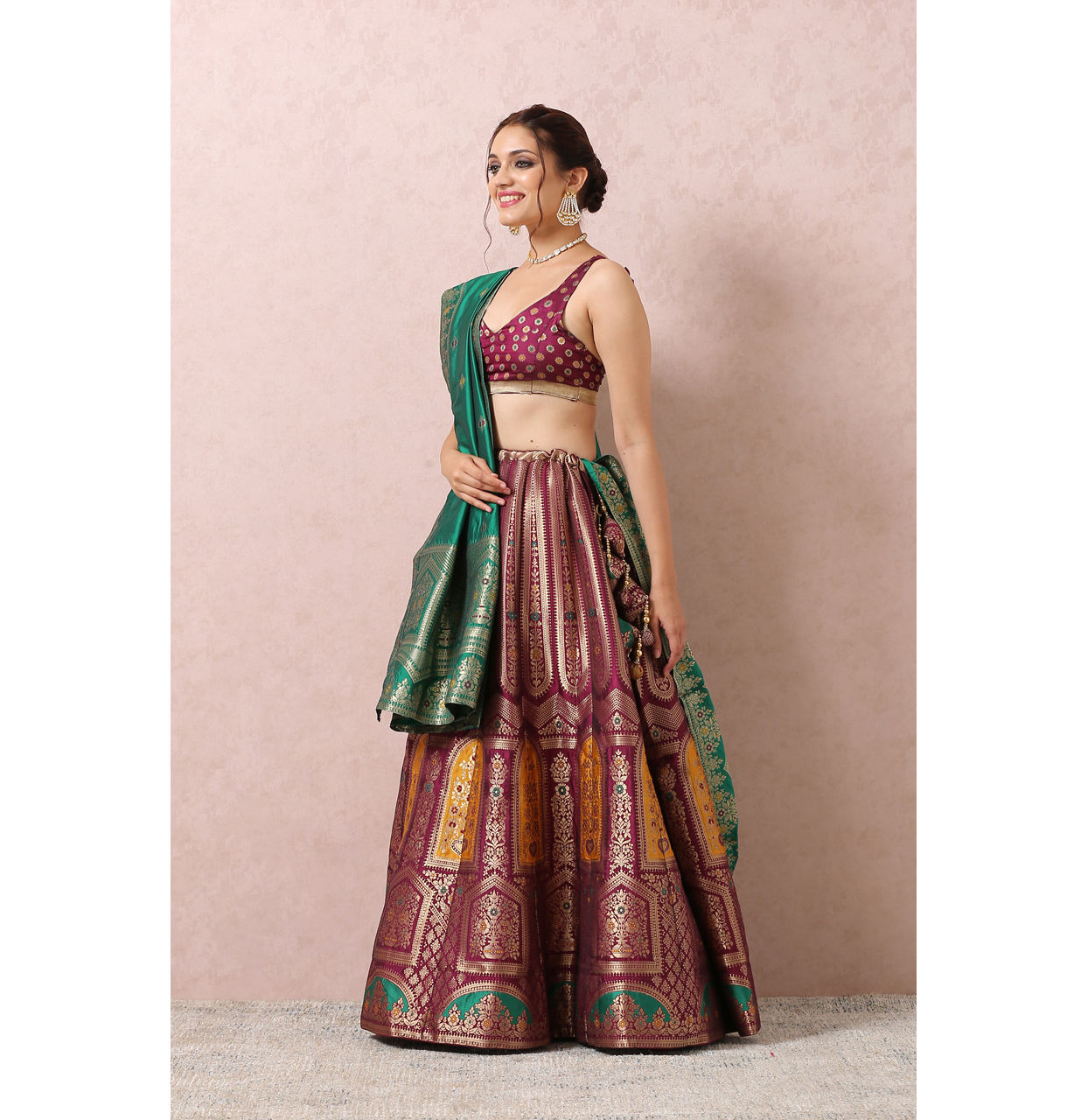 Mohey Women Wine Zari Weaved Benarasi Lehenga