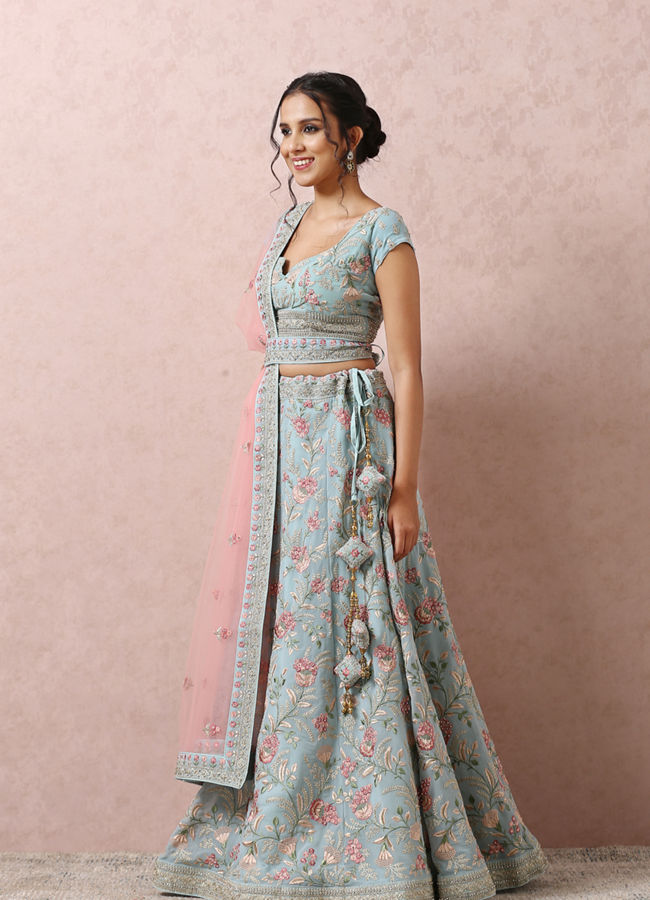 alt message - Mohey Women Light Blue Bridal Floral Lehenga image number 2