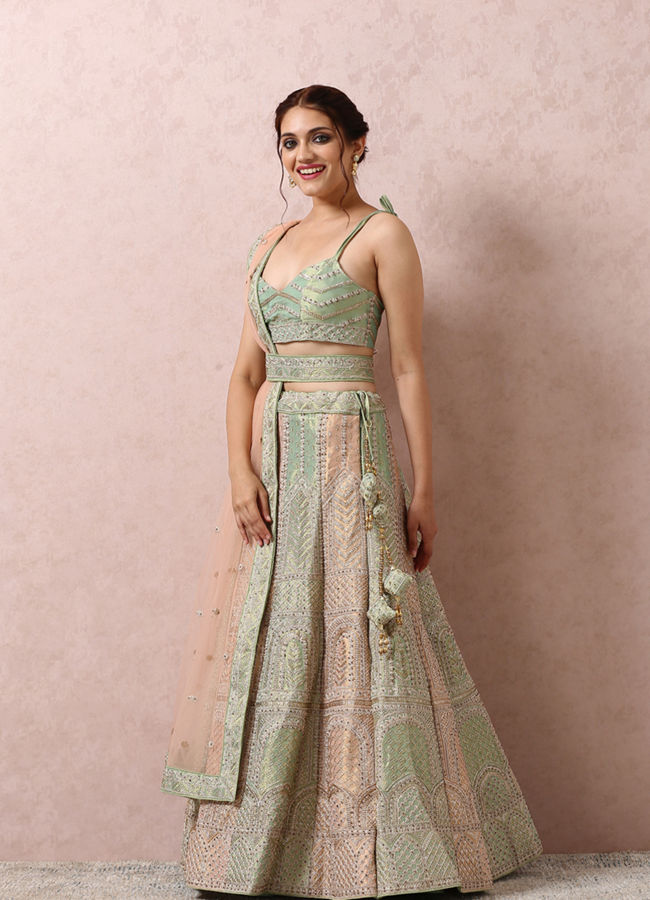 alt message - Mohey Women Pista Embellished Bridal Lehenga image number 2