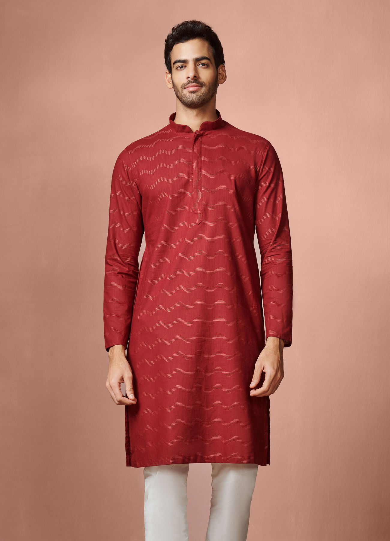 Manyavar Men Maroon Wave Patterned Printed Kurta