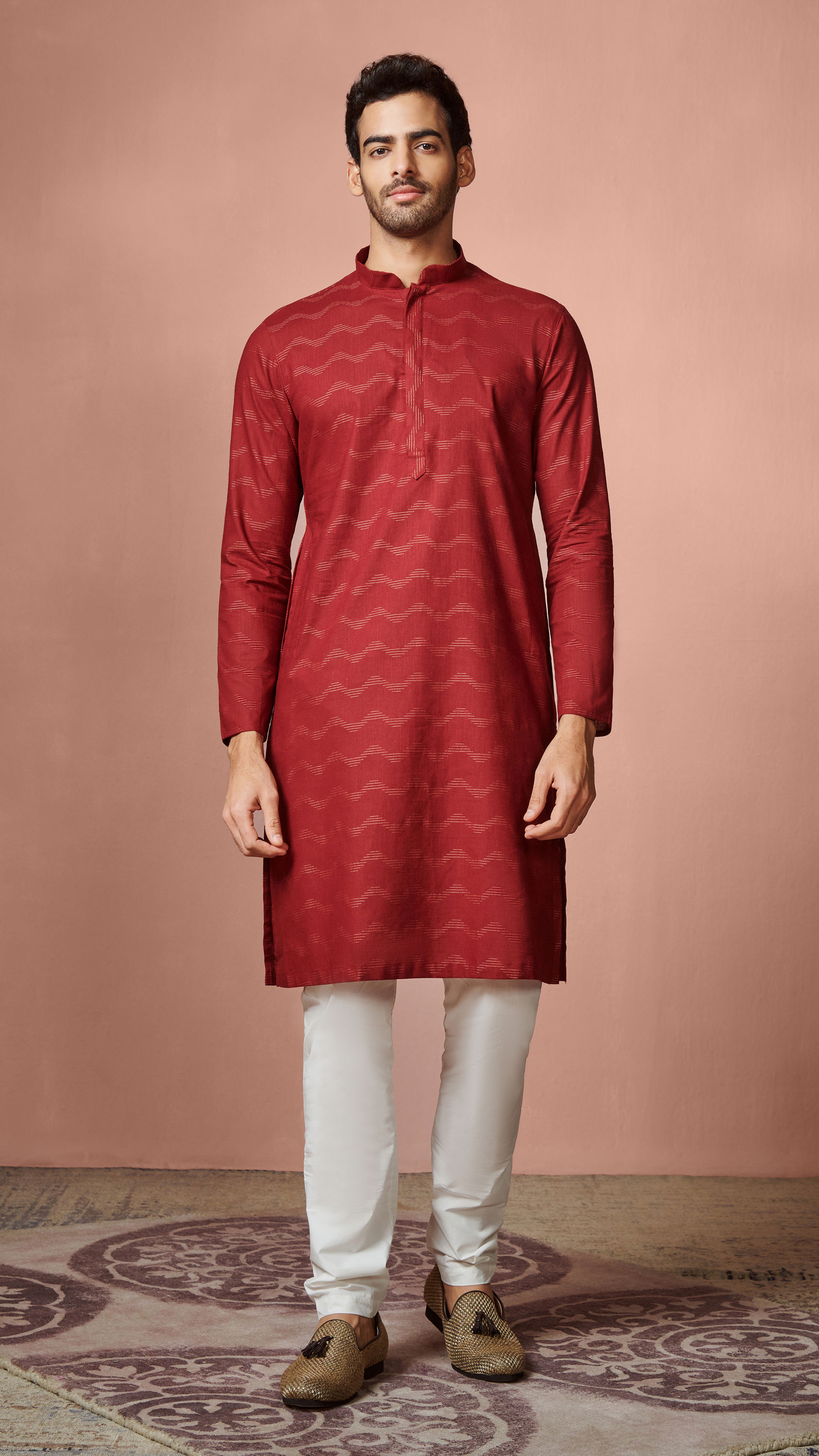 Manyavar Men Maroon Wave Patterned Printed Kurta