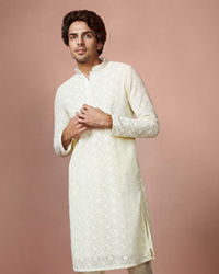 alt message - Manyavar Men Cream Chikankari Kurta Set image number 1