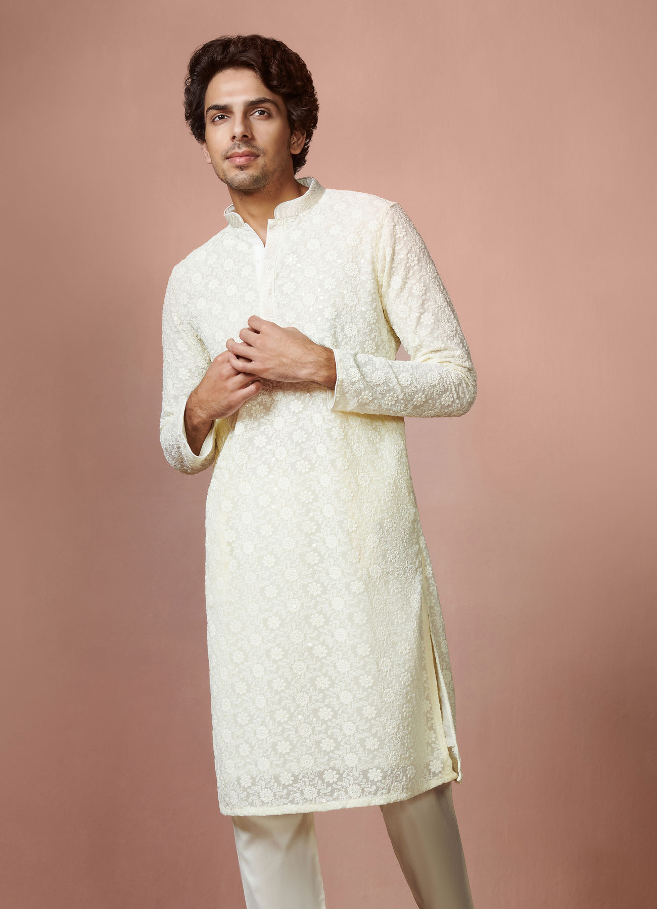 alt message - Manyavar Men Cream Chikankari Kurta Set image number 1