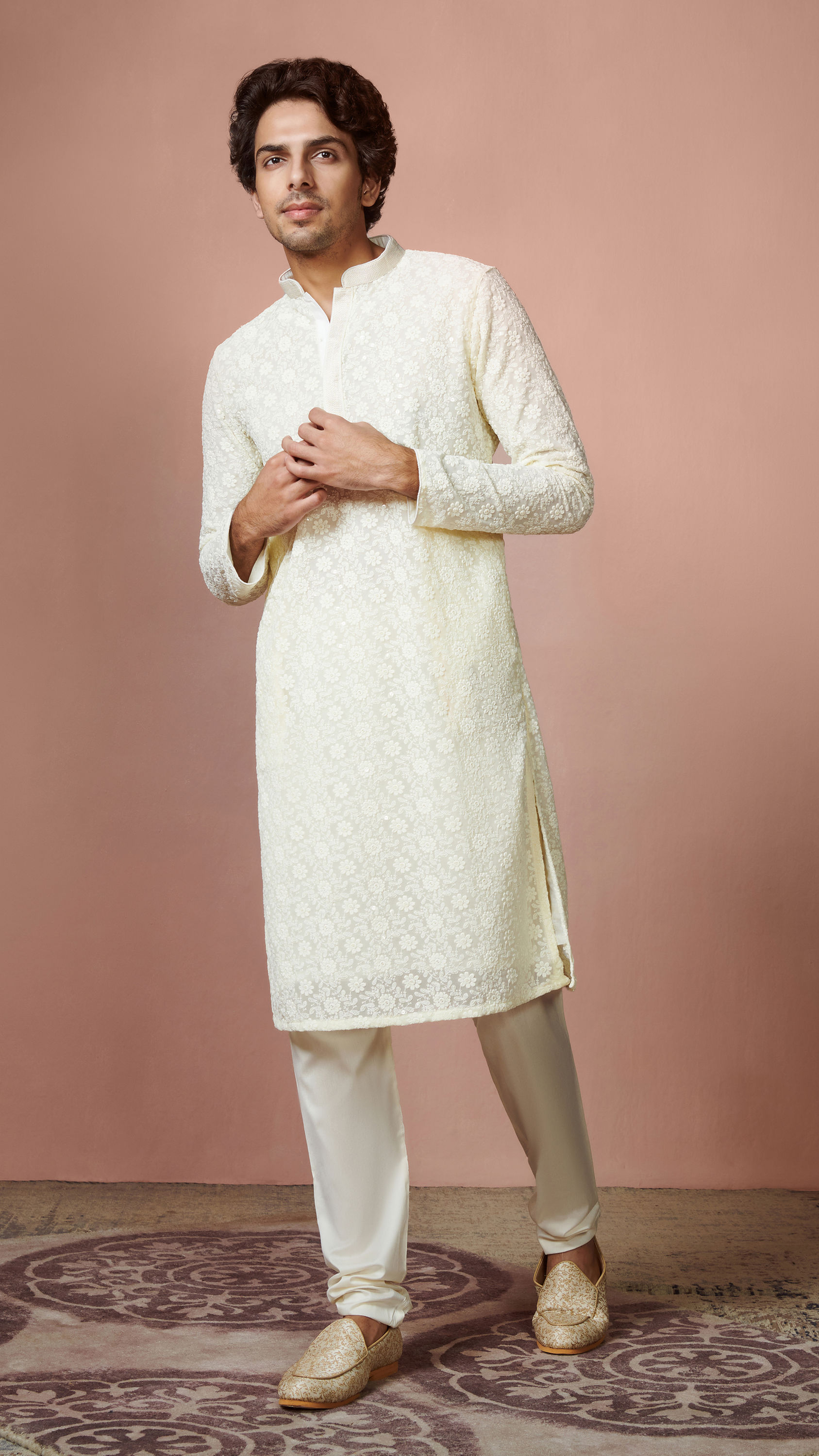 Manyavar Men Cream Chikankari Kurta Set