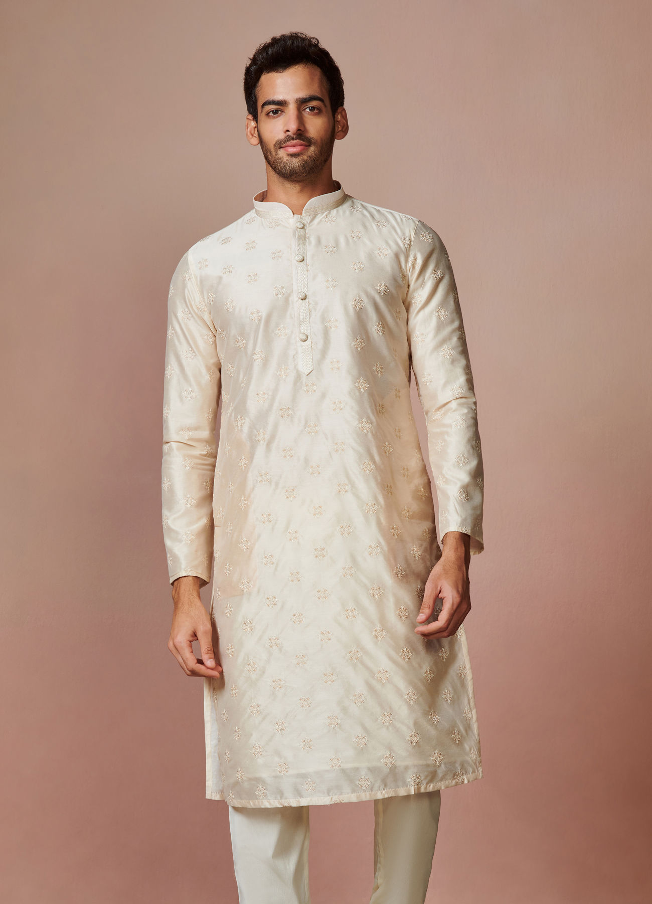 Manyavar Men Cream Self Motifs Kurta Set