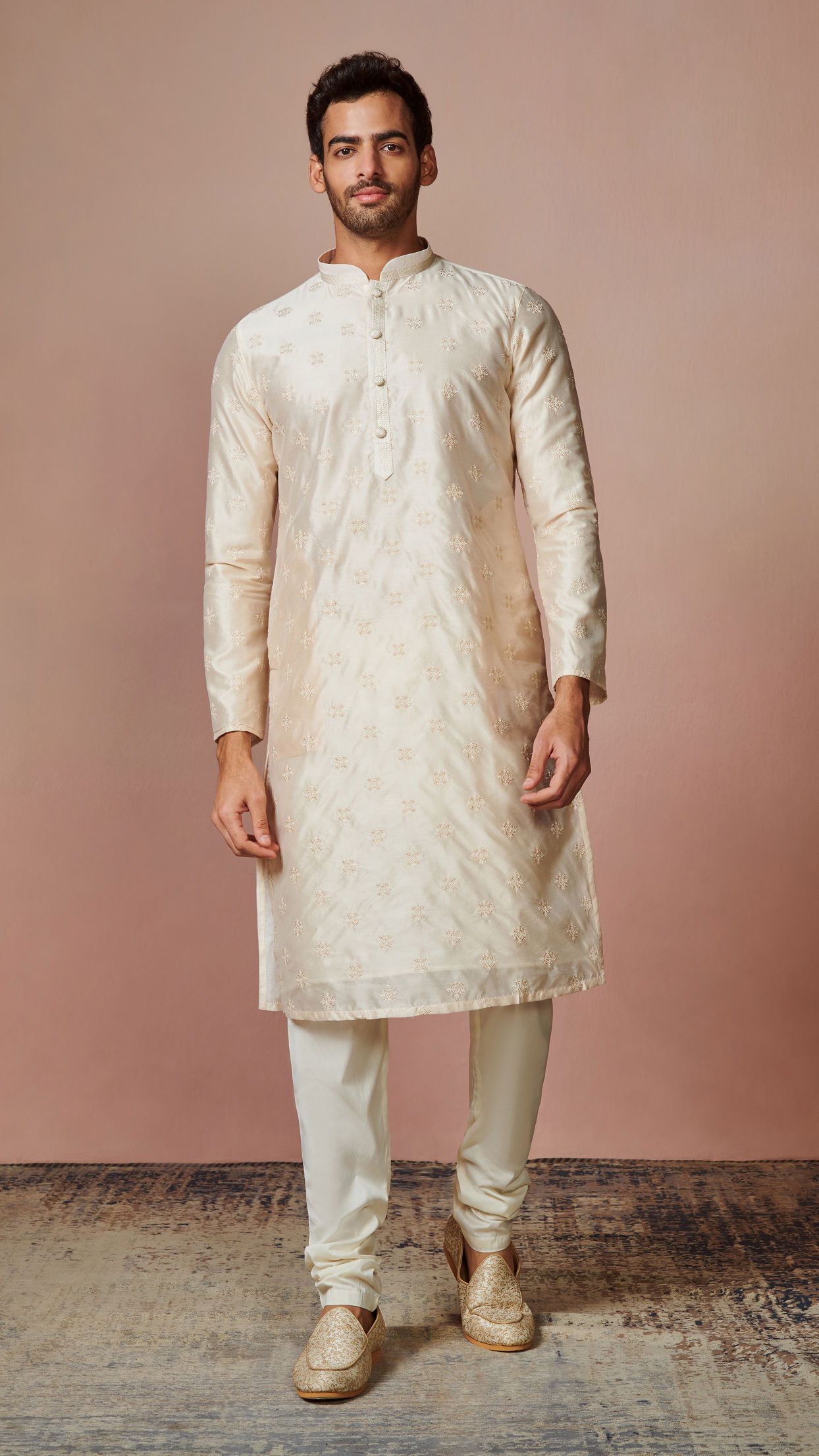 Manyavar Men Cream Self Motifs Kurta Set
