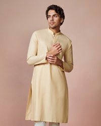 Manyavar Men Biscuit Plain Cotton Kurta With Embroidered Collar