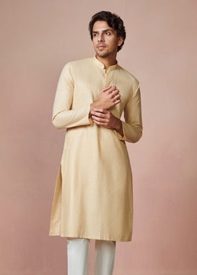 Manyavar Men Biscuit Plain Cotton Kurta With Embroidered Collar image number 1