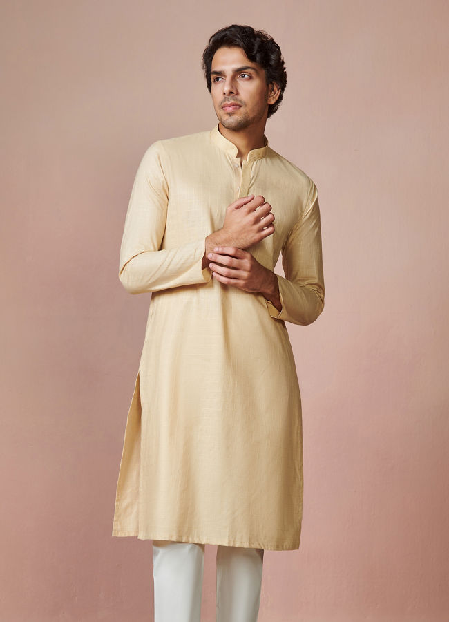Buy Biscuit Plain Cotton Kurta With Embroidered Collar Online in India