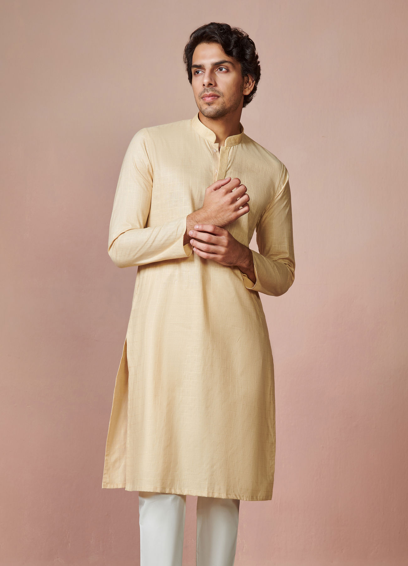 Manyavar Men Biscuit Plain Cotton Kurta With Embroidered Collar