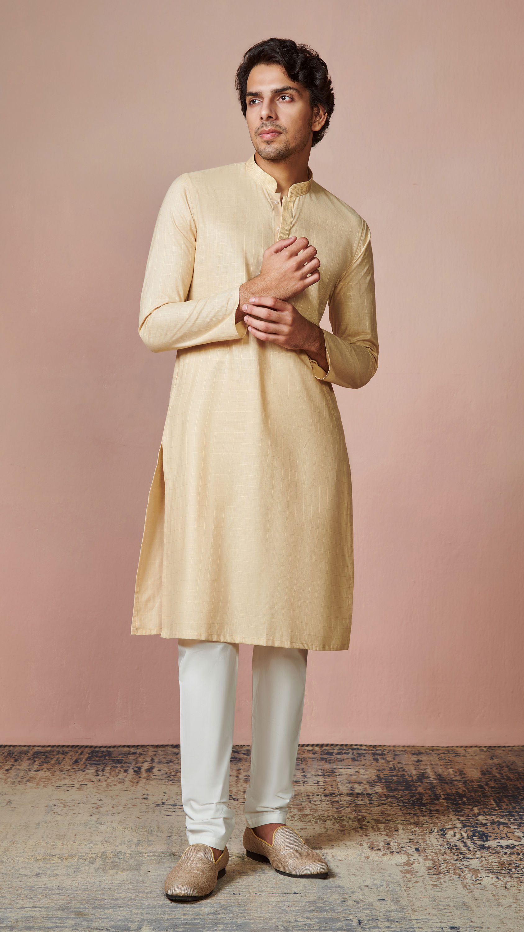 Manyavar Men Biscuit Plain Cotton Kurta With Embroidered Collar