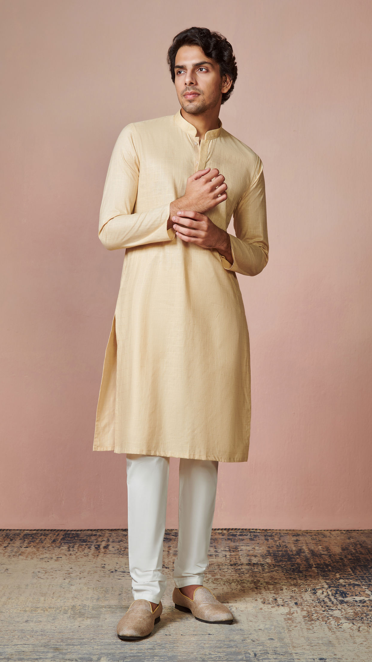 Manyavar Men Biscuit Plain Cotton Kurta Pajama With Embroidered Collar
