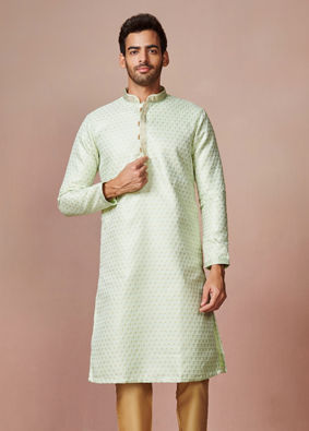 Manyavar Men Mint Green Golden Motif Kurta Pajama image number 1