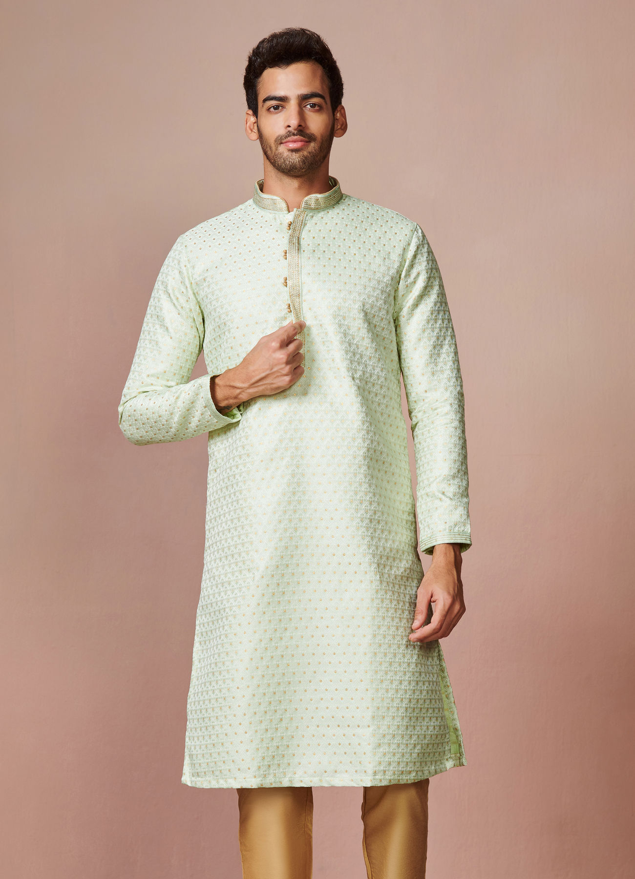 Manyavar Men Mint Green Golden Motif Kurta Pajama