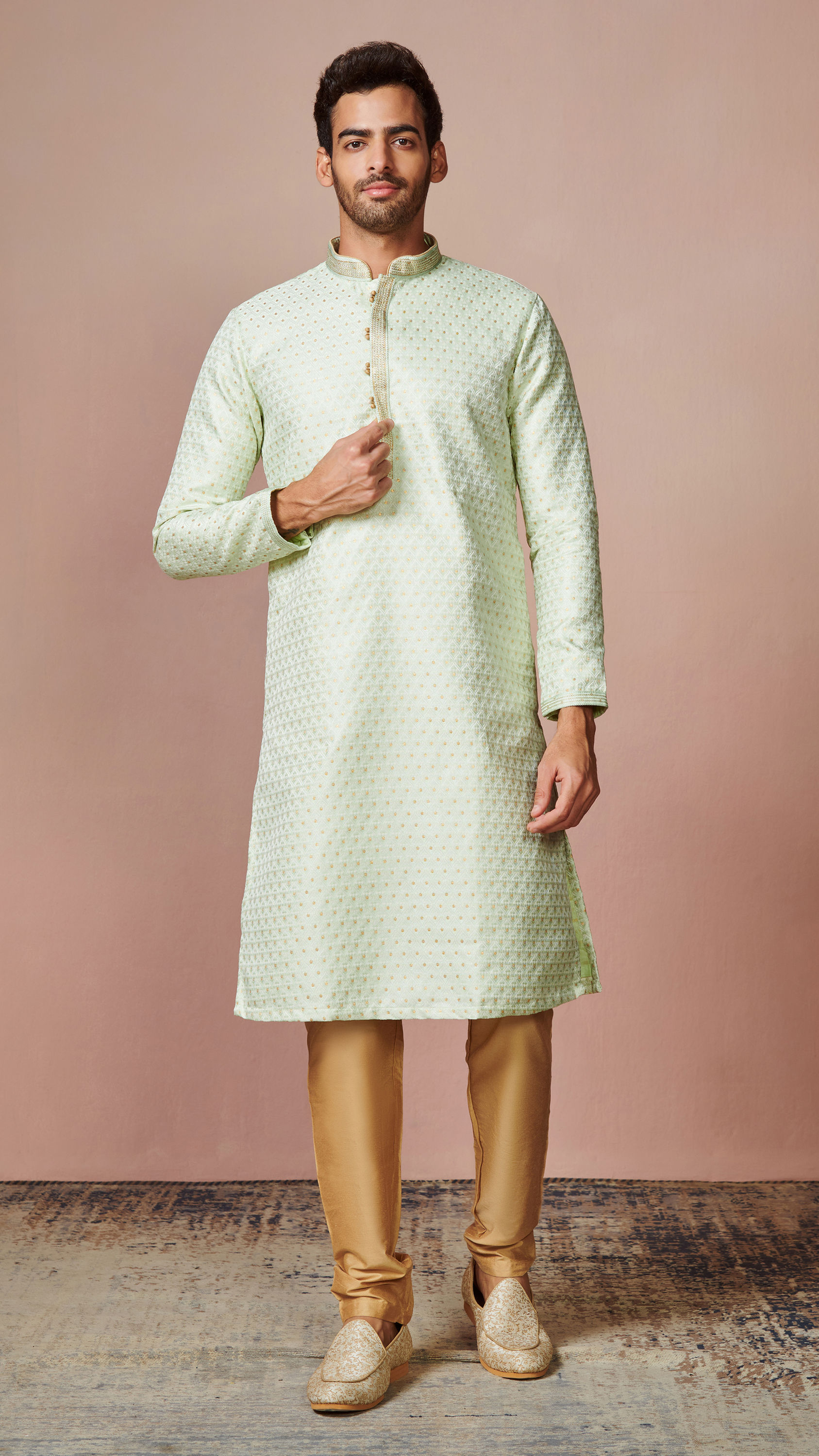 Manyavar Men Mint Green Golden Motif Kurta Pajama