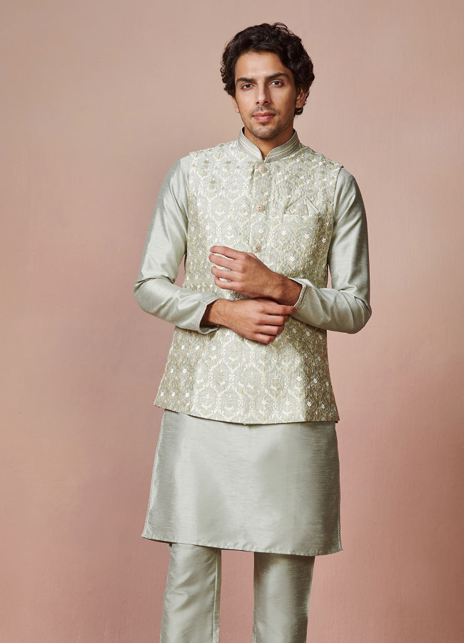 Grey Kurta Jacket Set With Self Design image number 3