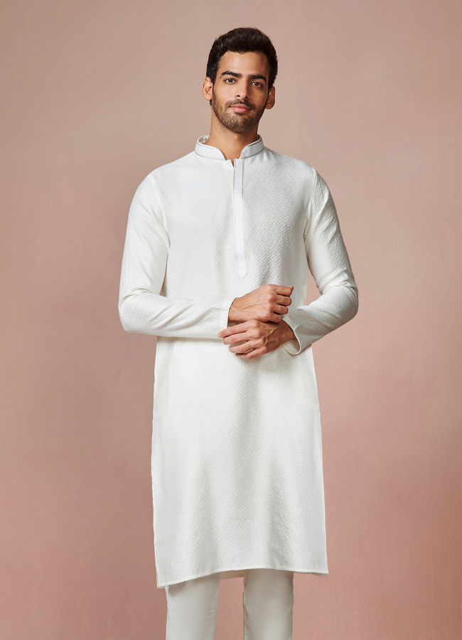 alt message - Manyavar Men Light Cream Jacquard Kurta image number 1