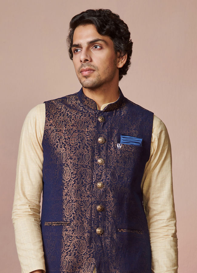 Buy Navy Blue Jacket With Gold Foil Print Online In India Manyavar 