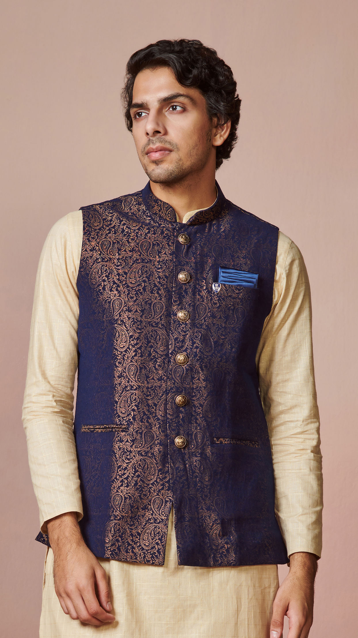 alt message - Manyavar Men Navy Blue Jacket With Gold Foil Print image number 0