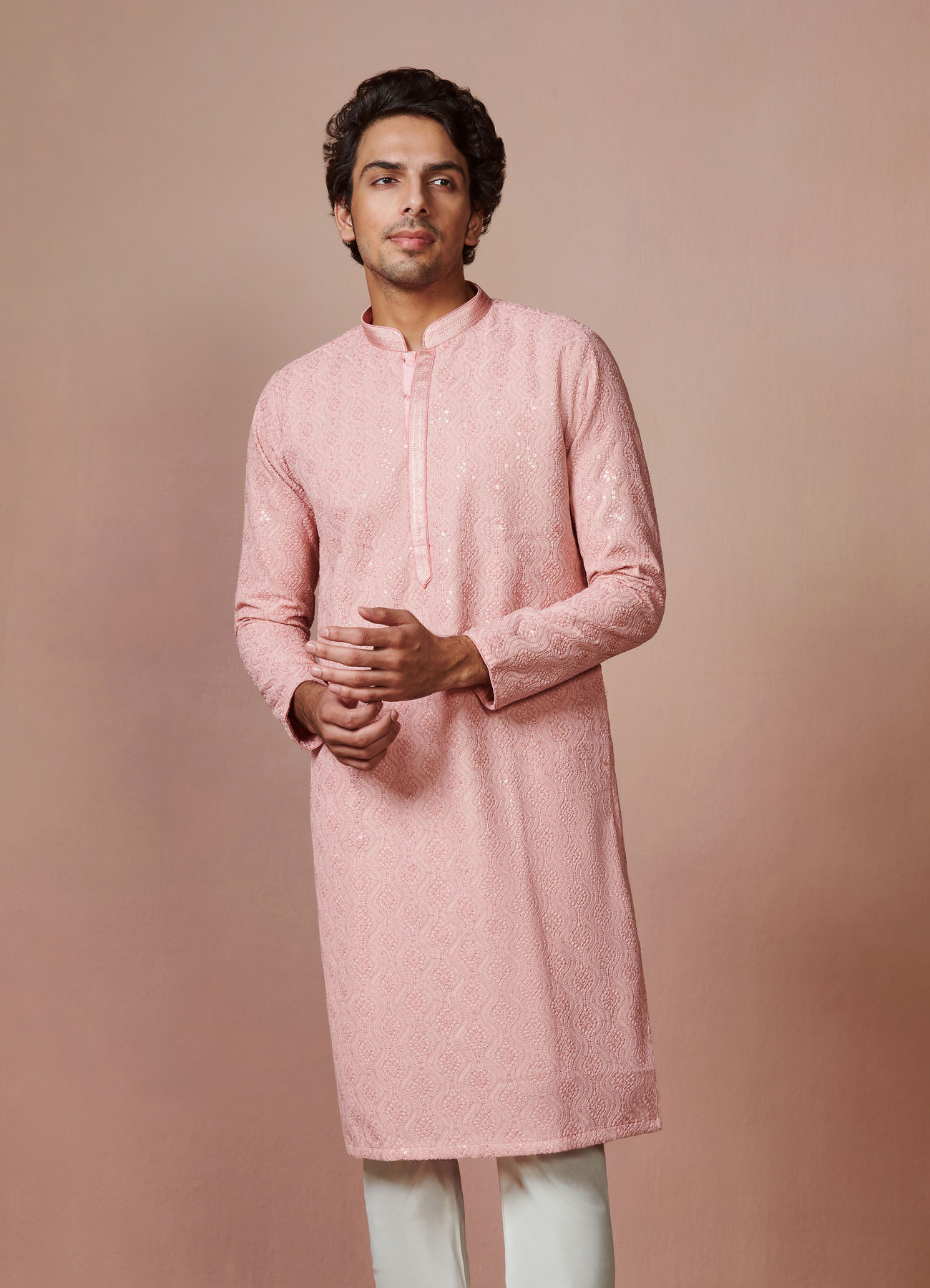 Manyavar Men Rani Pink Chikankari Kurta Set