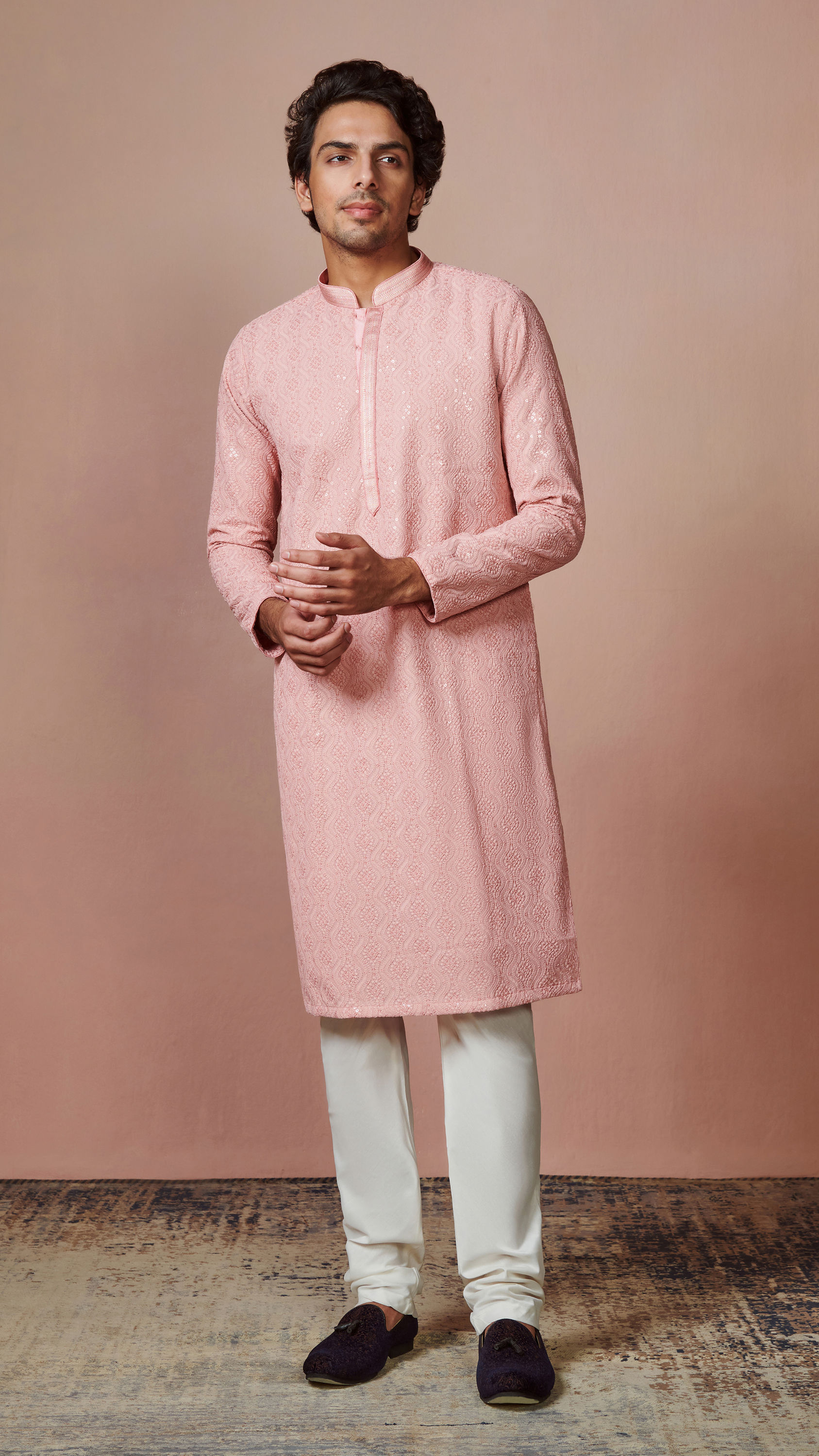 Manyavar Men Rani Pink Chikankari Kurta Set