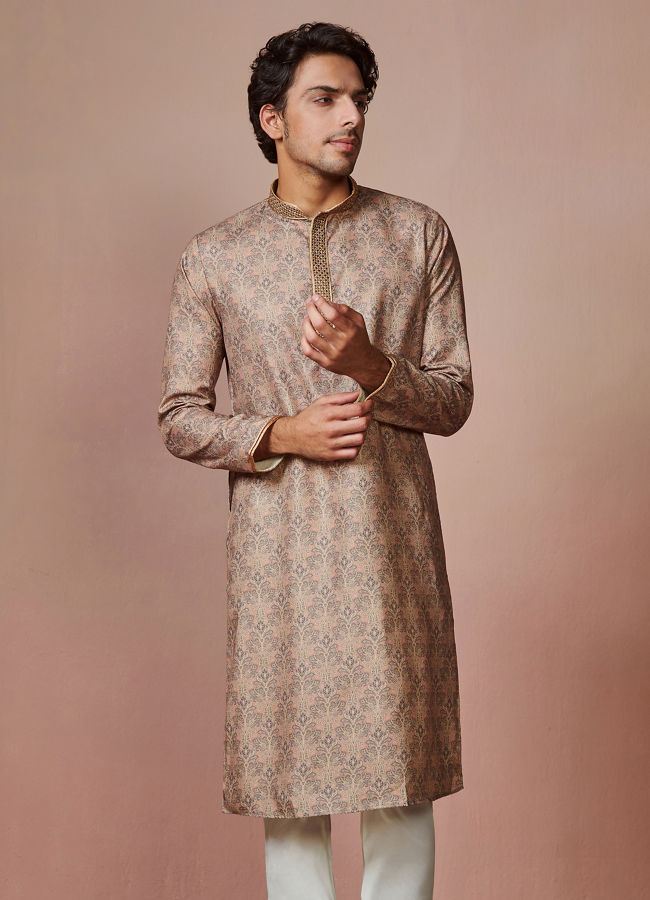 alt message - Manyavar Men Taupe Brown Printed Kurta Pajama image number 1