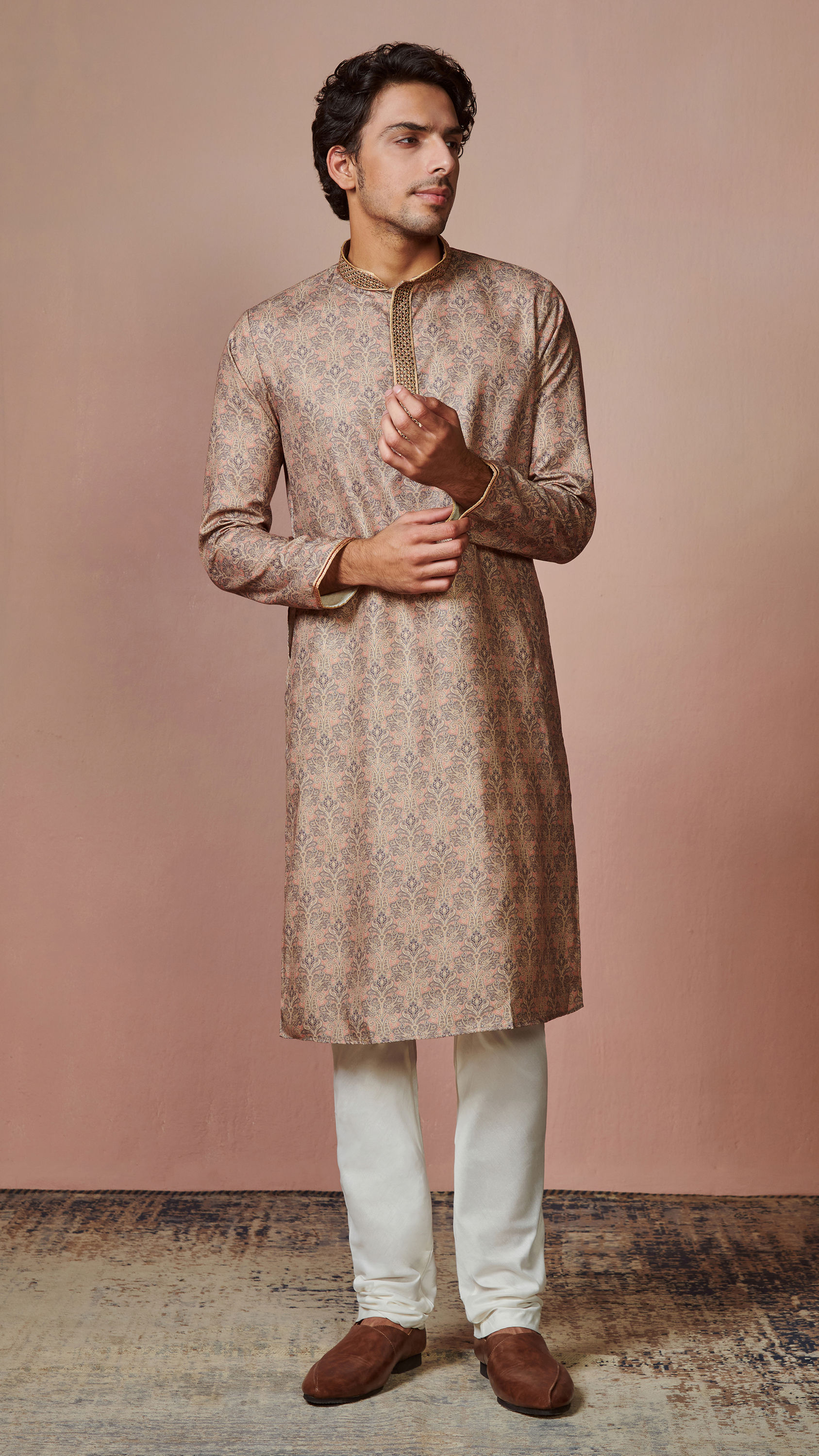 Manyavar Men Taupe Brown Printed Kurta Pajama