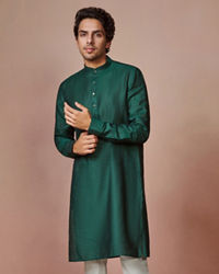 Manyavar Men Bottle Green Self Striped Kurta