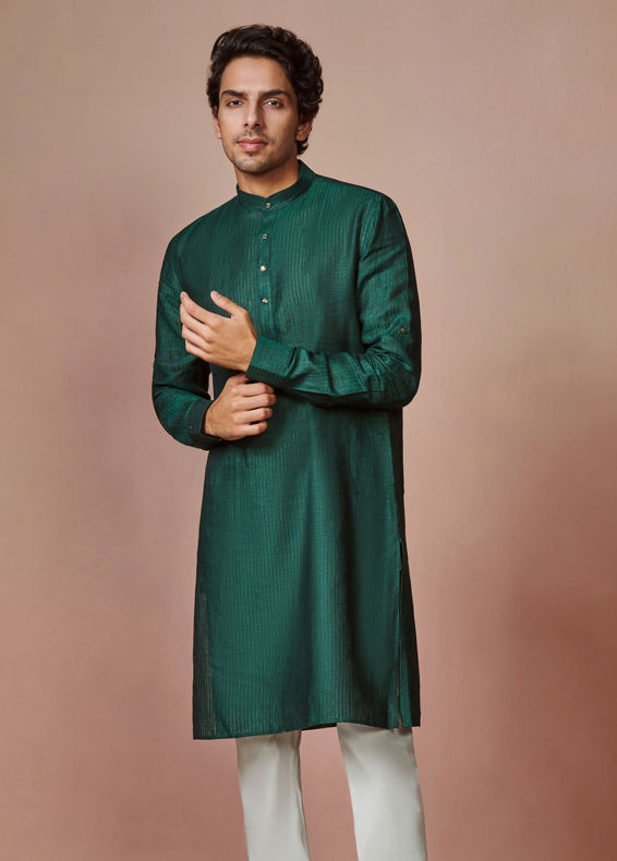 Manyavar Men Bottle Green Self Striped Kurta