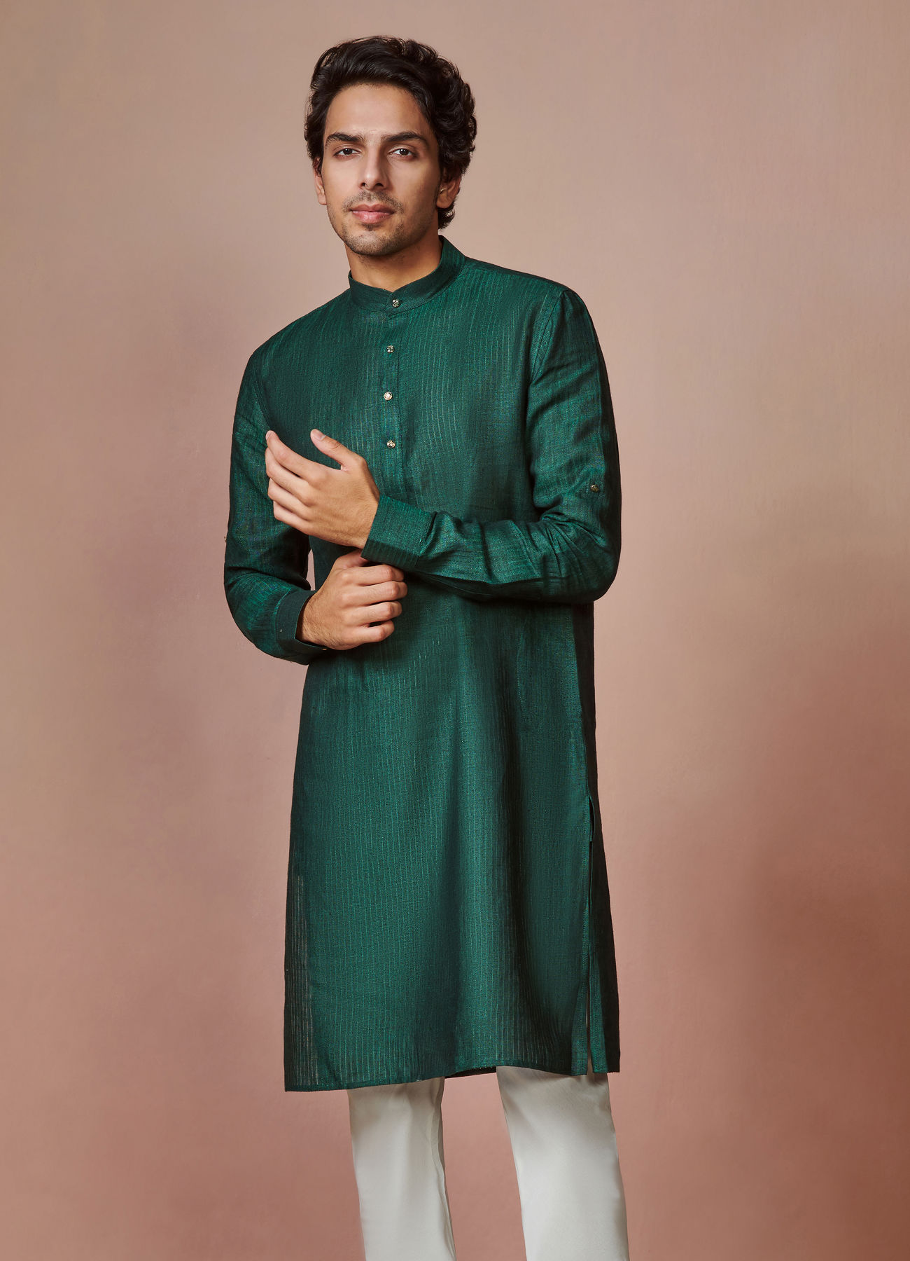 Manyavar Men Bottle Green Self Striped Kurta